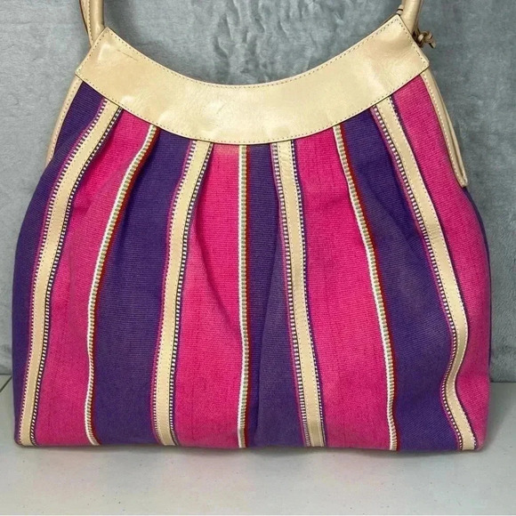 Sharif Marc & Marc Striped Beaded Floral Patch Large Leather/Canvas Tote Bag - Picture 7 of 15